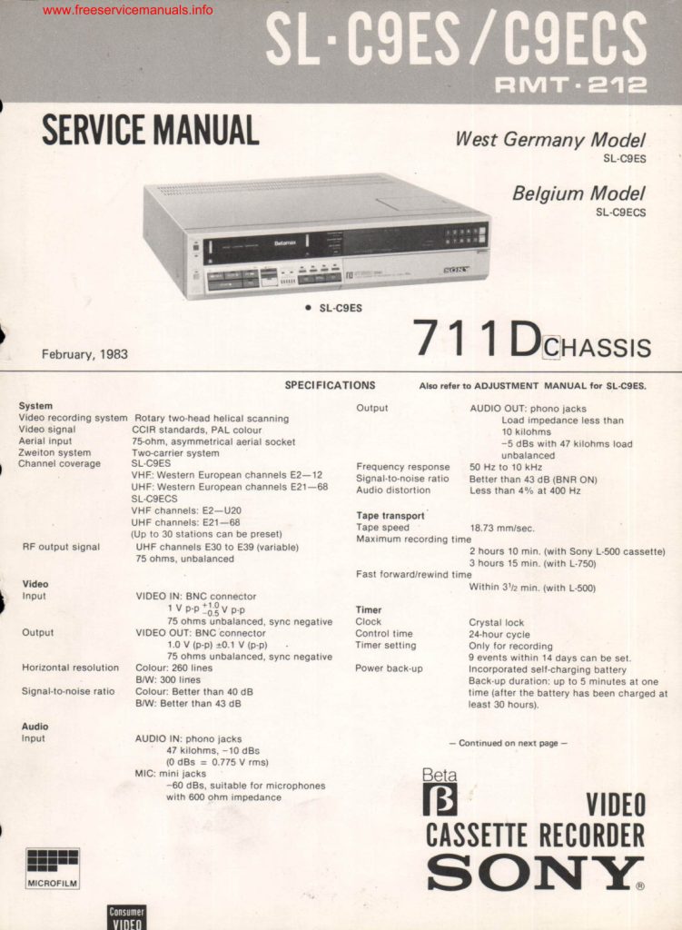 Sony SL-C9ES Betamax Service Manual (Instant Download)