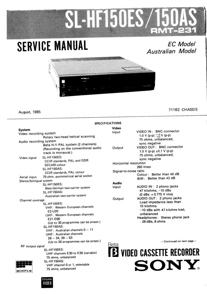 Sony SL-HF150ESAS SuperBeta Service Manual (Instant Download)