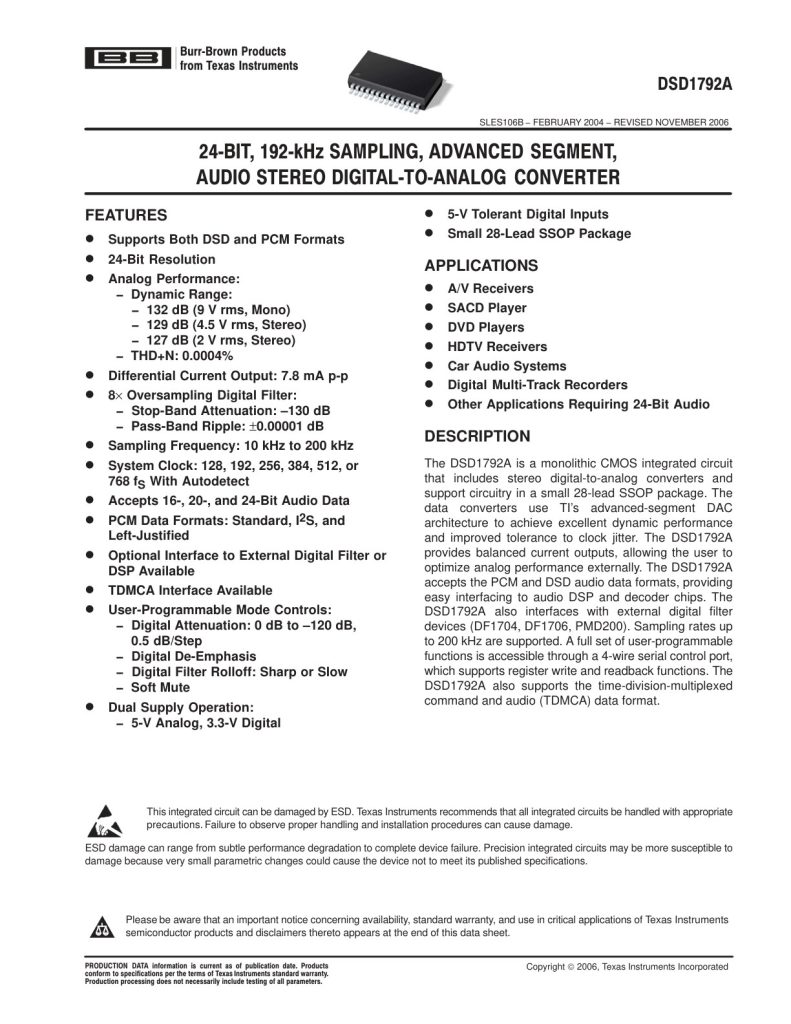DSD1792A Datasheet (Instant Download)