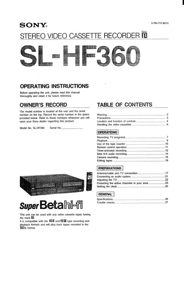 Sony SL-HF360 SuperBeta Manual (Instant Download)
