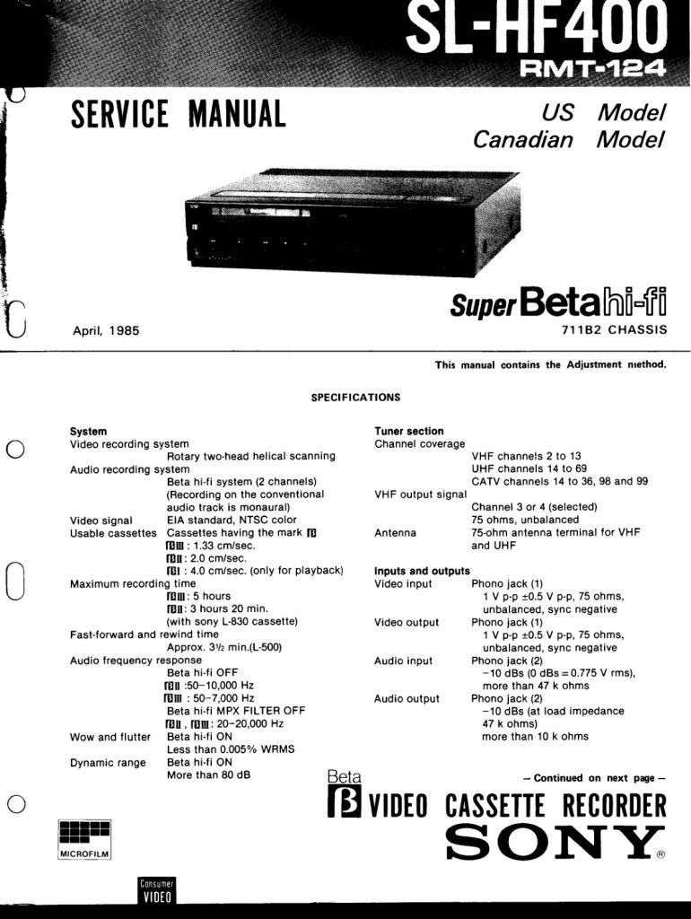Sony SL-HF400 SuperBeta Manual (Instant Download)