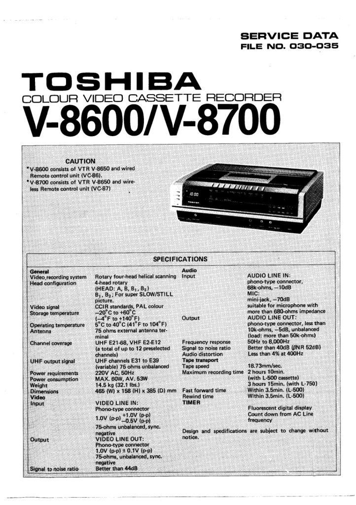 Toshiba V-8600 Betamax Manual (Instant Download)