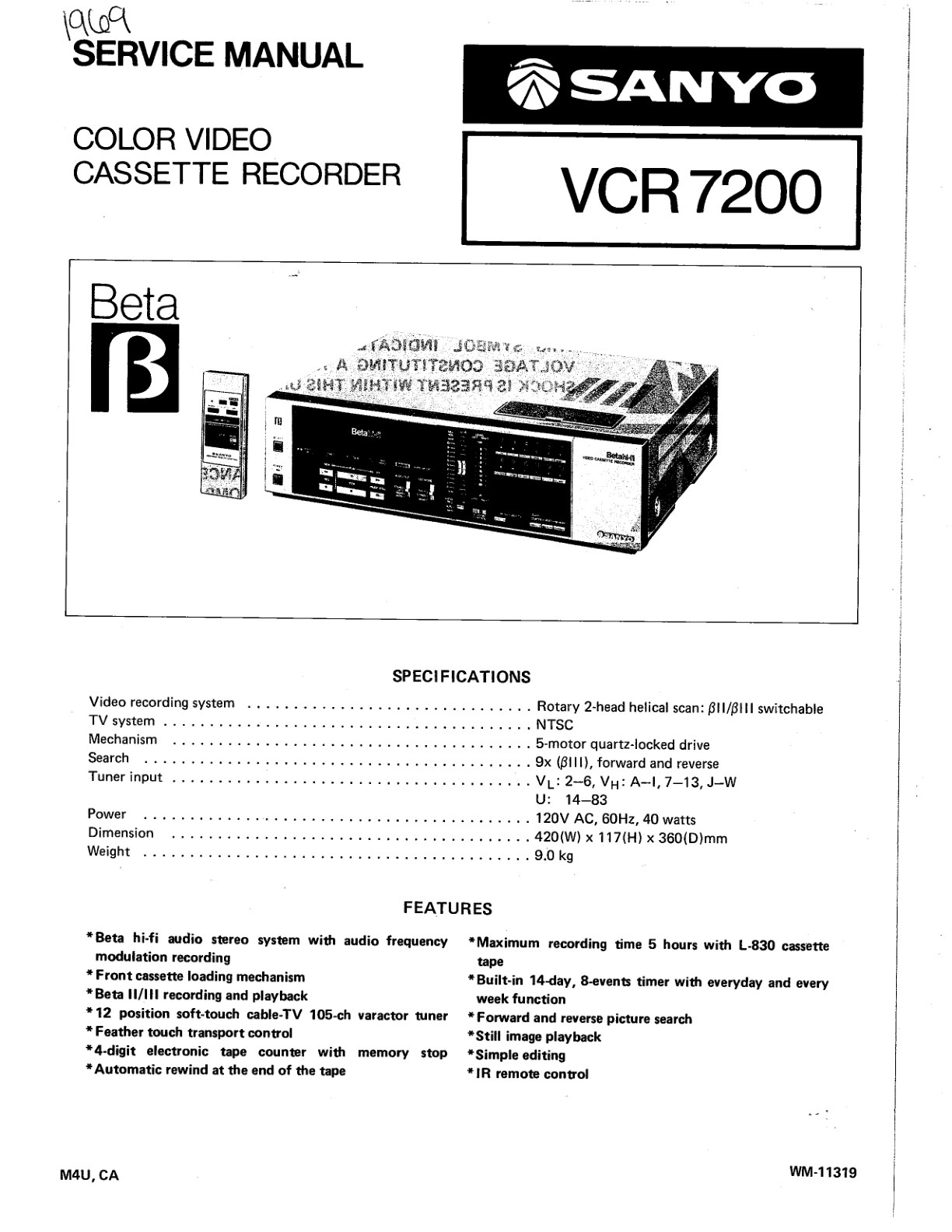 Sanyo VCR-7200 Betamax Manual (Instant Download)