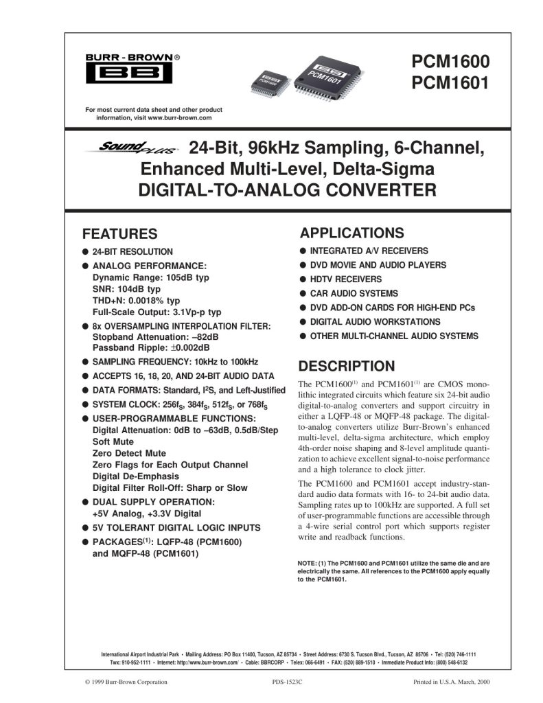 PCM1600 Datasheet (Instant Download)