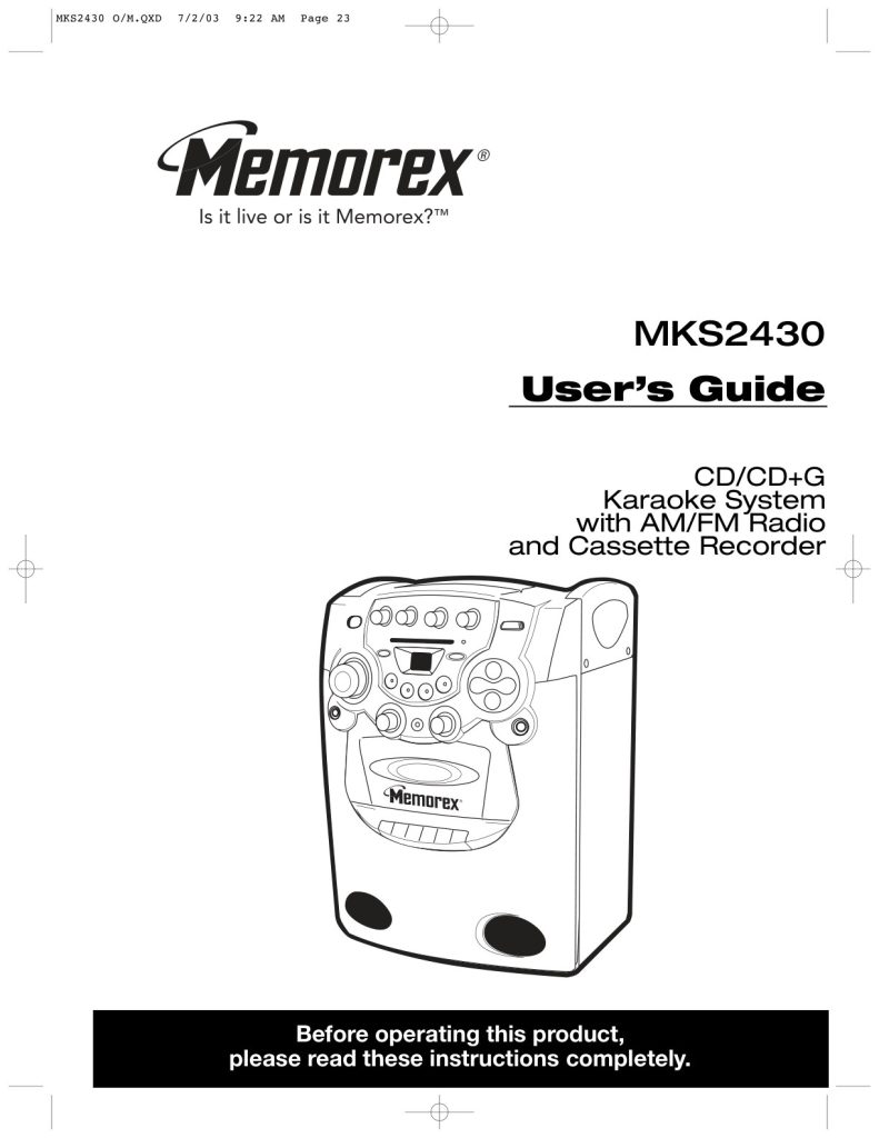 Memorex MKS2430 CD+G Karaoke User Manual (Instant Download)