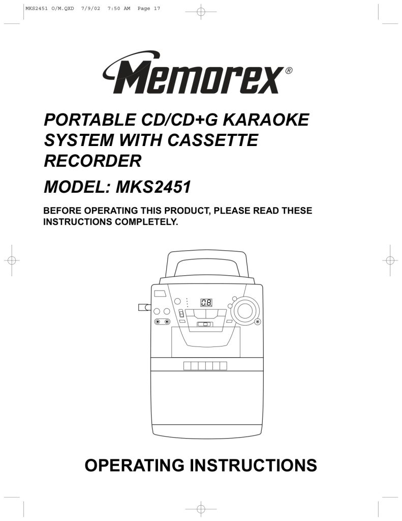 Memorex MKS2451 CD+G Karaoke Manual EN (Instant Download)