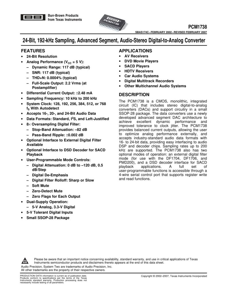 PCM1738 Datasheet (Instant Download)