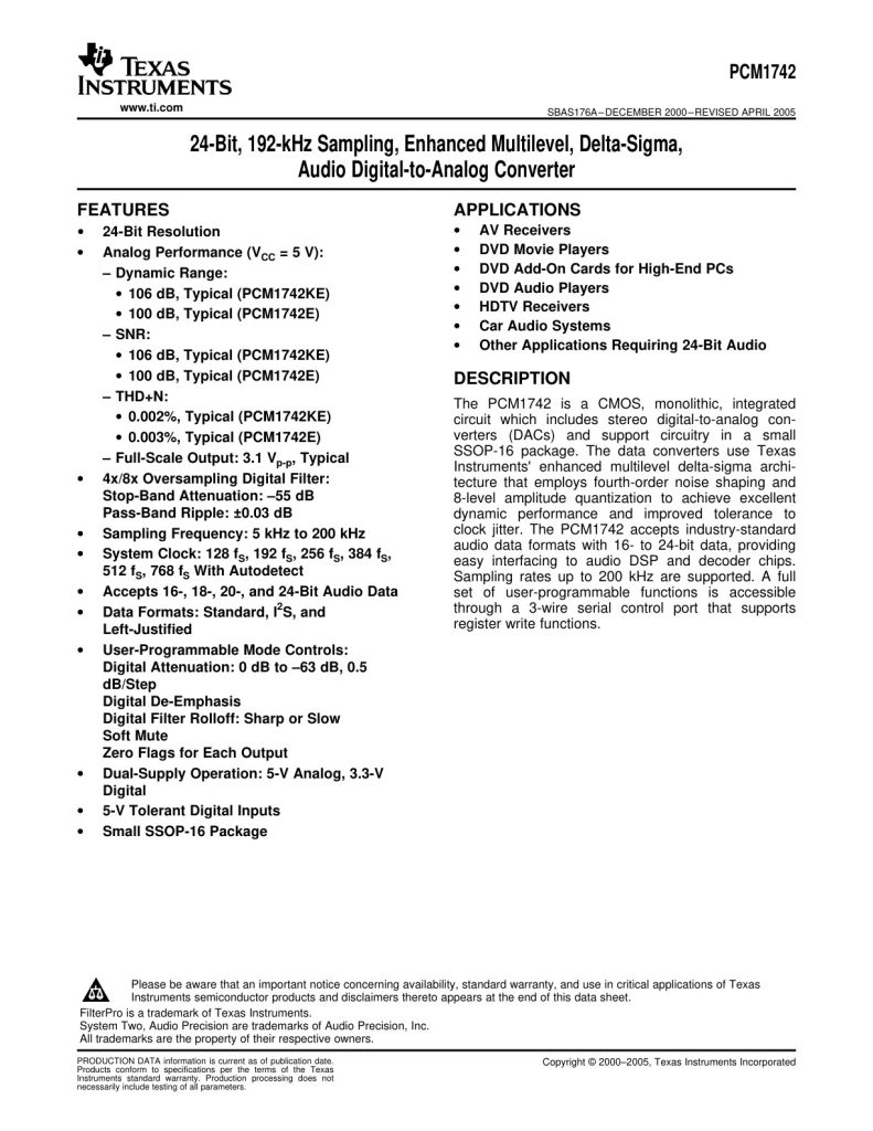 PCM1742 Datasheet (Instant Download)