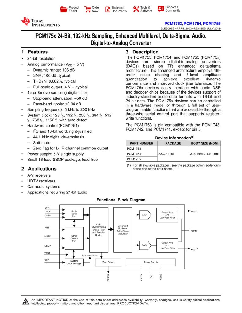 PCM175x Datasheet (Instant Download)