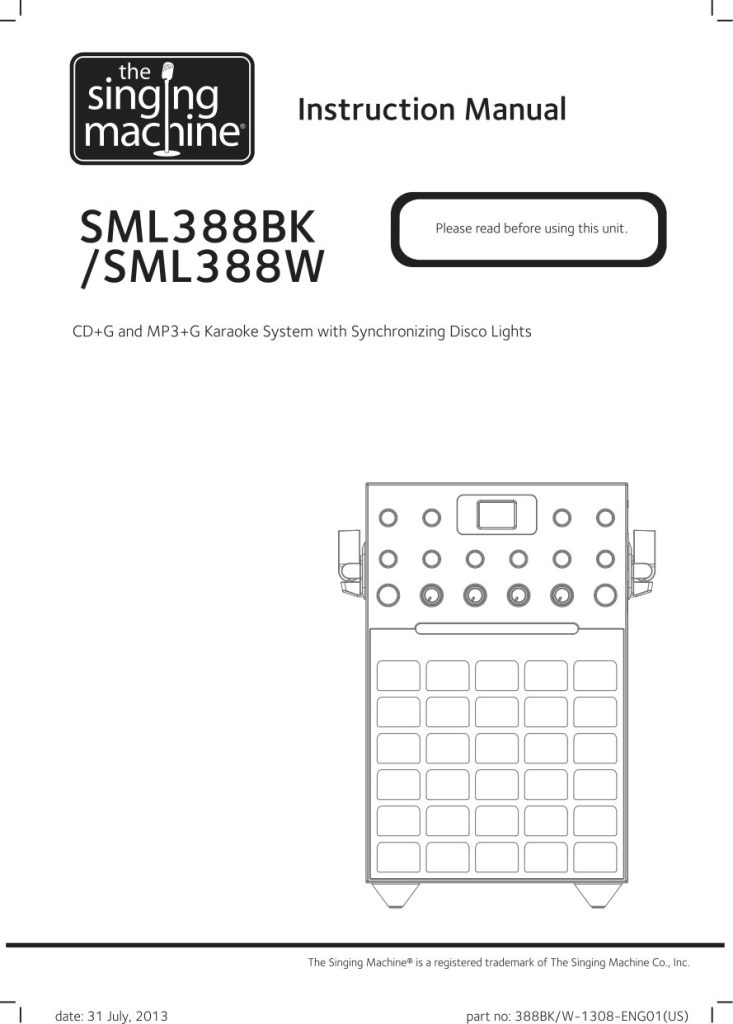 Singing Machine SML388BK CD+G Karaoke User Manual (Instant Download)