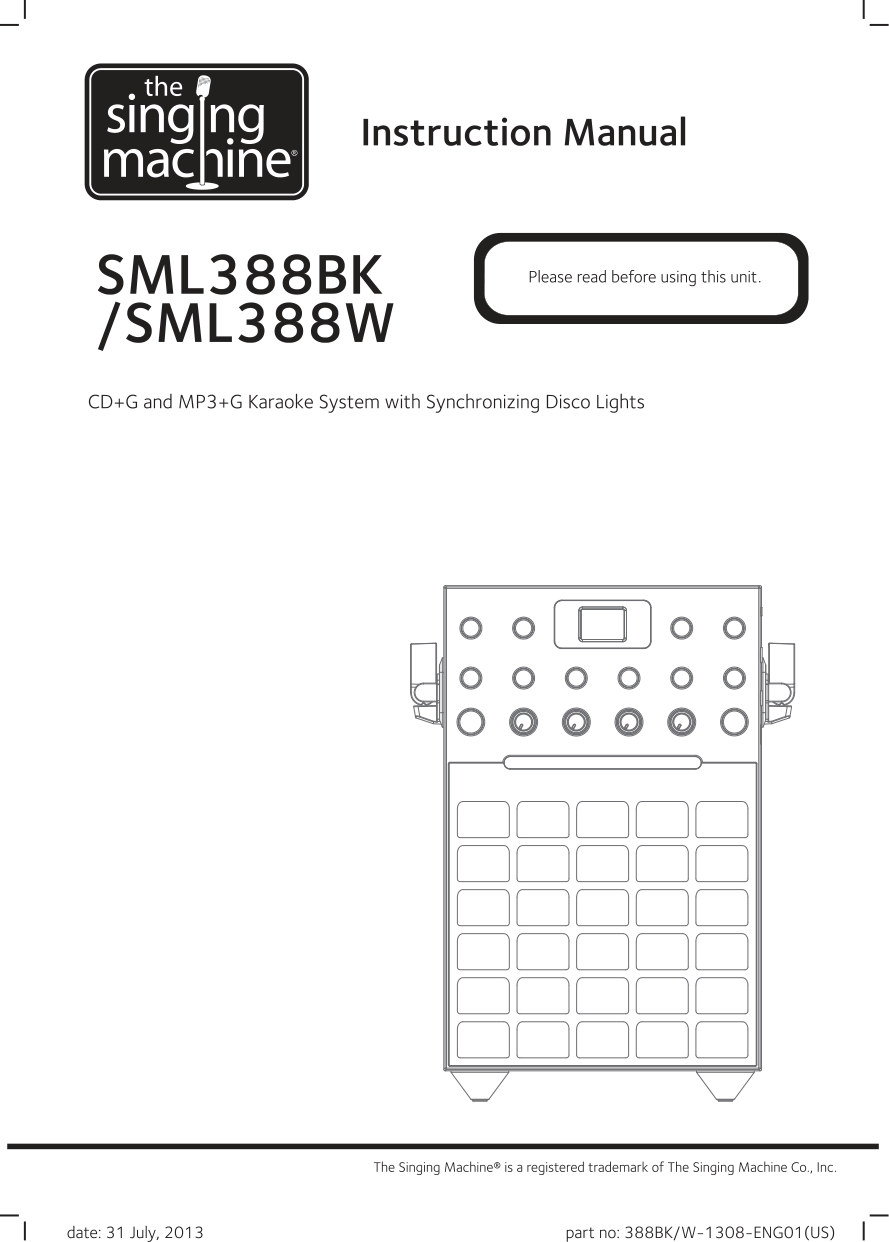 Singing Machine SML388BK CD+G Karaoke User Manual (Instant Download)