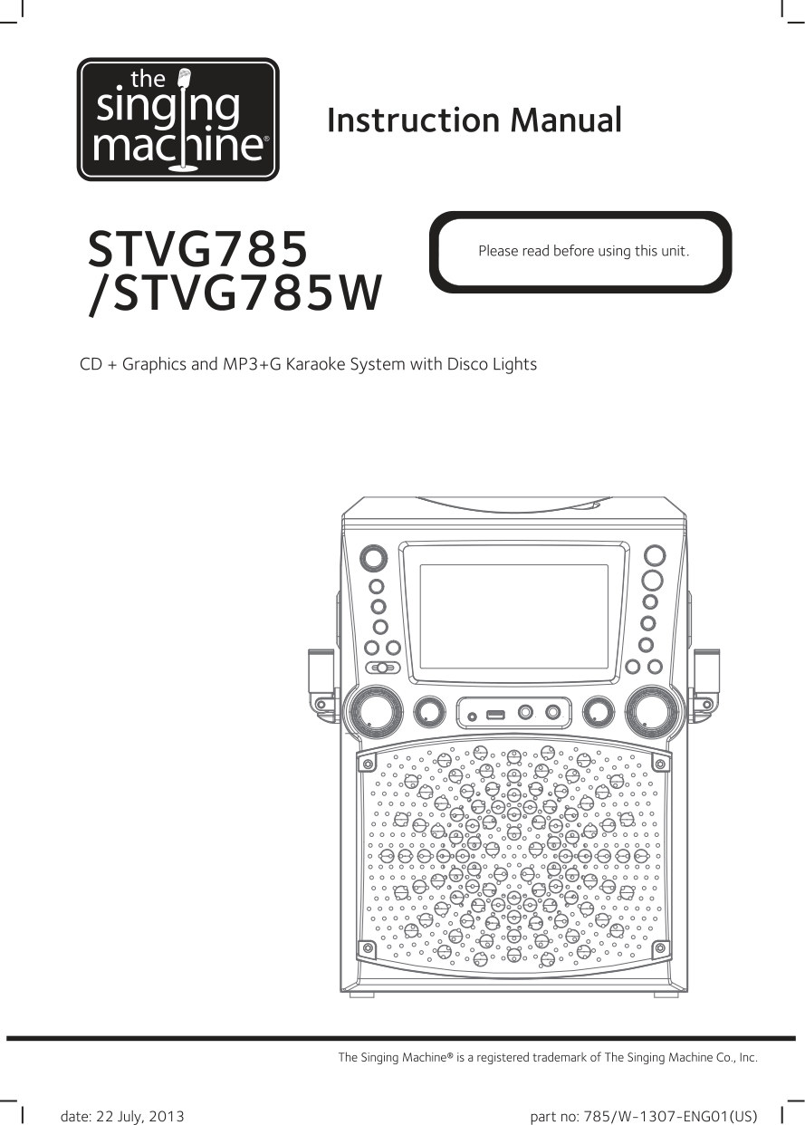 Singing Machine STVG 785 CD+G Karaoke User Manual (Instant Download)