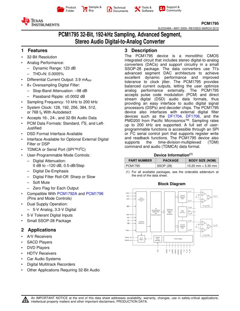 PCM1795 Datasheet (Instant Download)