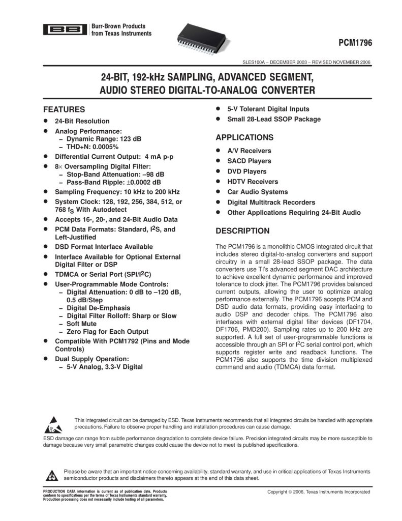 PCM1796 Datasheet (Instant Download)
