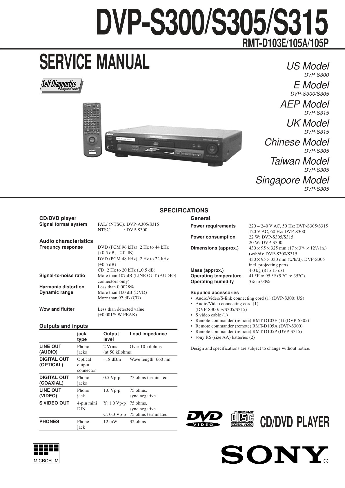 Sony DVP S300 S305 S315 DVD Service Manual (Instant Download)