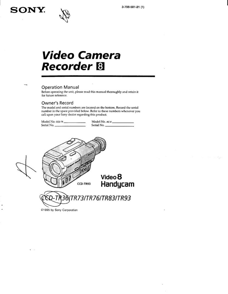 Sony CCD-TR36 Video8 / Hi8 Owner Manual EN (Instant Download)
