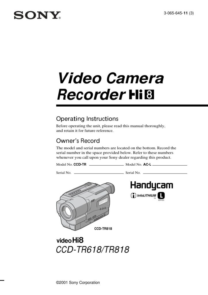 Sony CCD-TR618 Video8 / Hi8 Owner Manual EN (Instant Download)