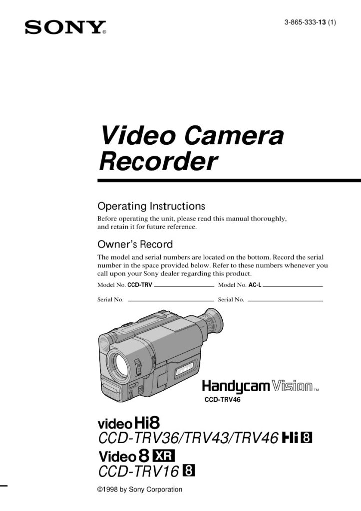Sony CCD-TRV16 Video8 / Hi8 Owner Manual EN (Instant Download)