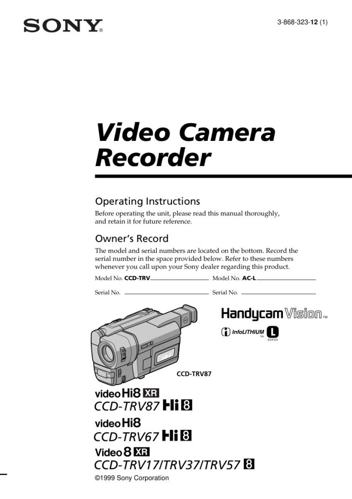 Sony CCD-TRV17 Video8 / Hi8 Owner Manual EN (Instant Download)
