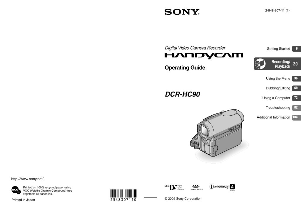 Sony DCR-HC90 MiniDV Owner Manual EN (Instant Download)