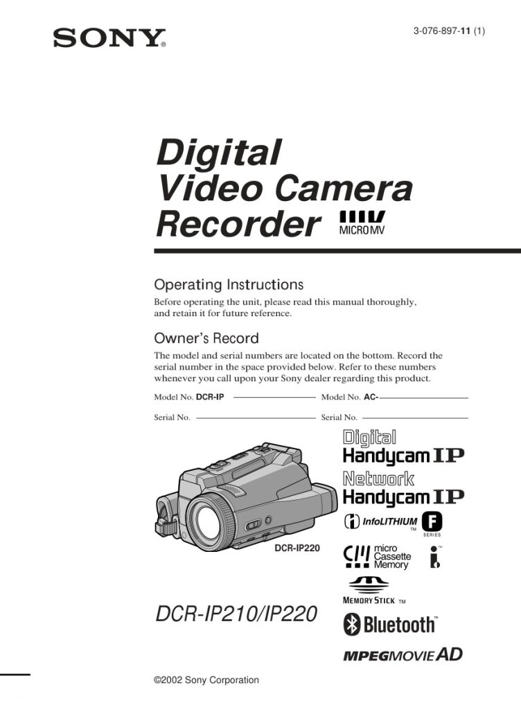 Sony DCR-IP210 MicroMV Owner Manual EN (Instant Download)
