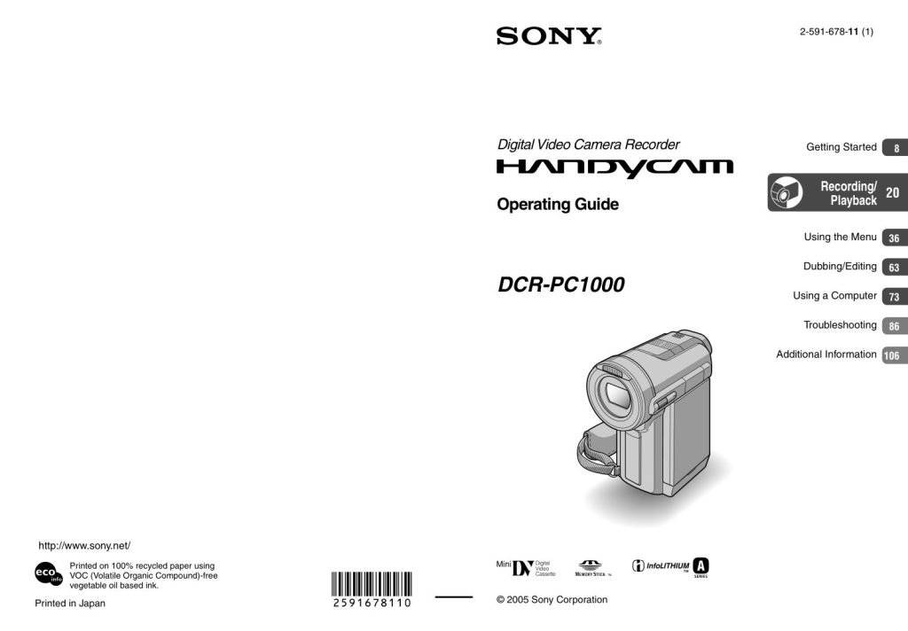 Sony DCR-PC1000 MiniDV Owner Manual EN (Instant Download)