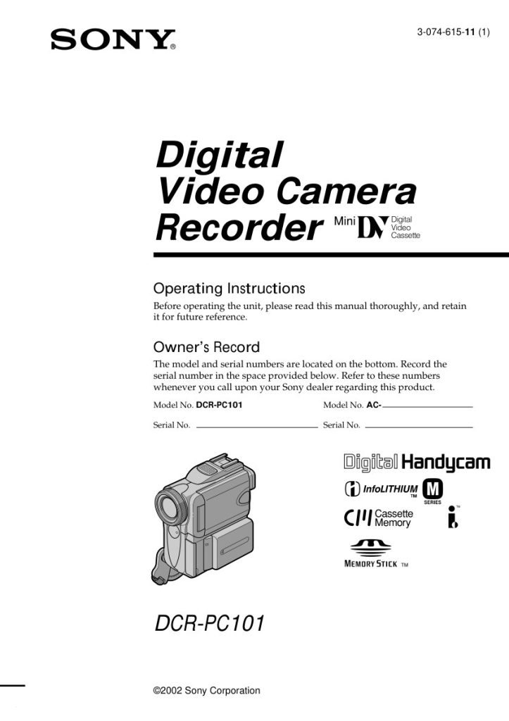 Sony DCR-PC101 MiniDV Owner Manual EN (Instant Download)