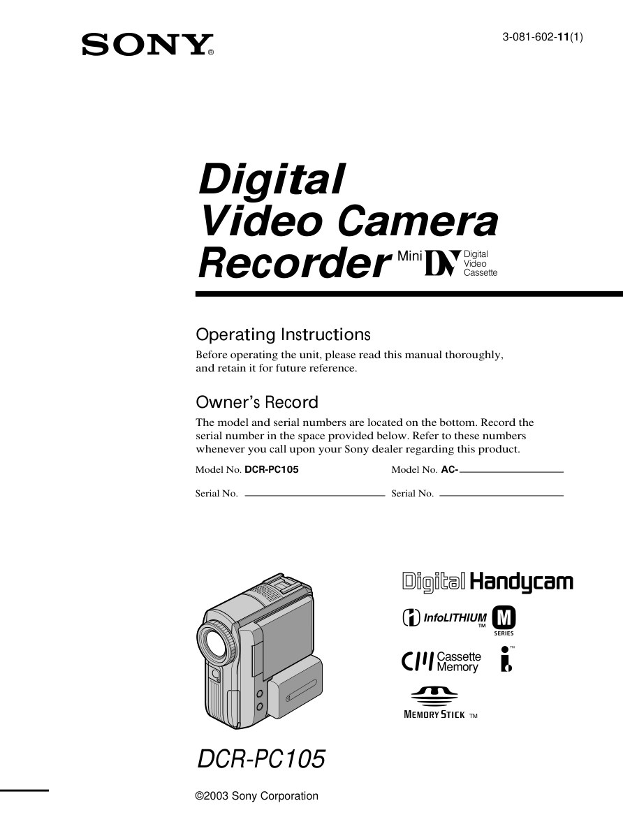 Sony DCR-PC105 MiniDV Owner Manual EN (Instant Download)