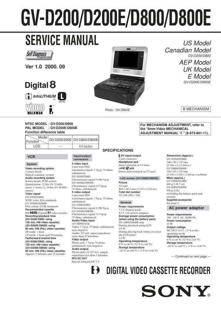 Sony GV-D200 Digital8 Service Manual EN (Instant Download)