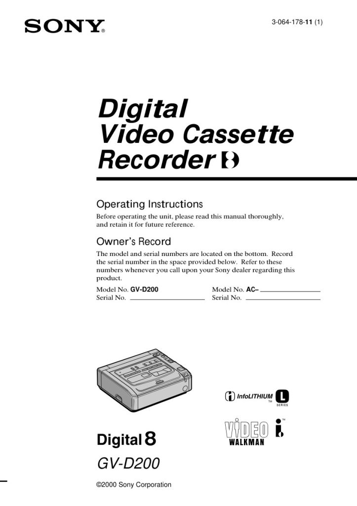 Sony GV-D800 Digital8 Owner Manual EN (Instant Download)