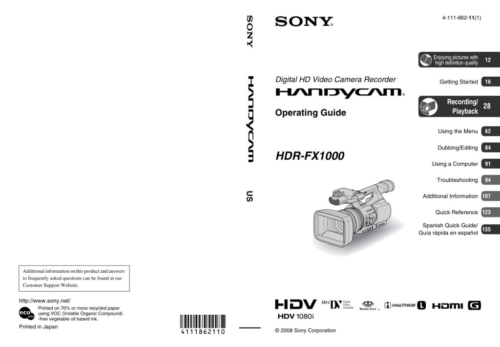 Sony HDR-FX1000 HDV Owner Manual EN (Instant Download)