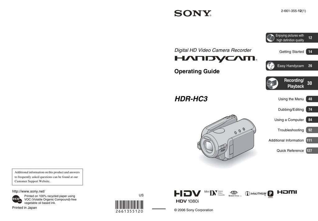 Sony HDR-HC3 HDV Owner Manual EN (Instant Download)
