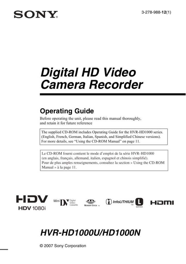 Sony HVR-HD1000N HDV Owner Manual EN (Instant Download)