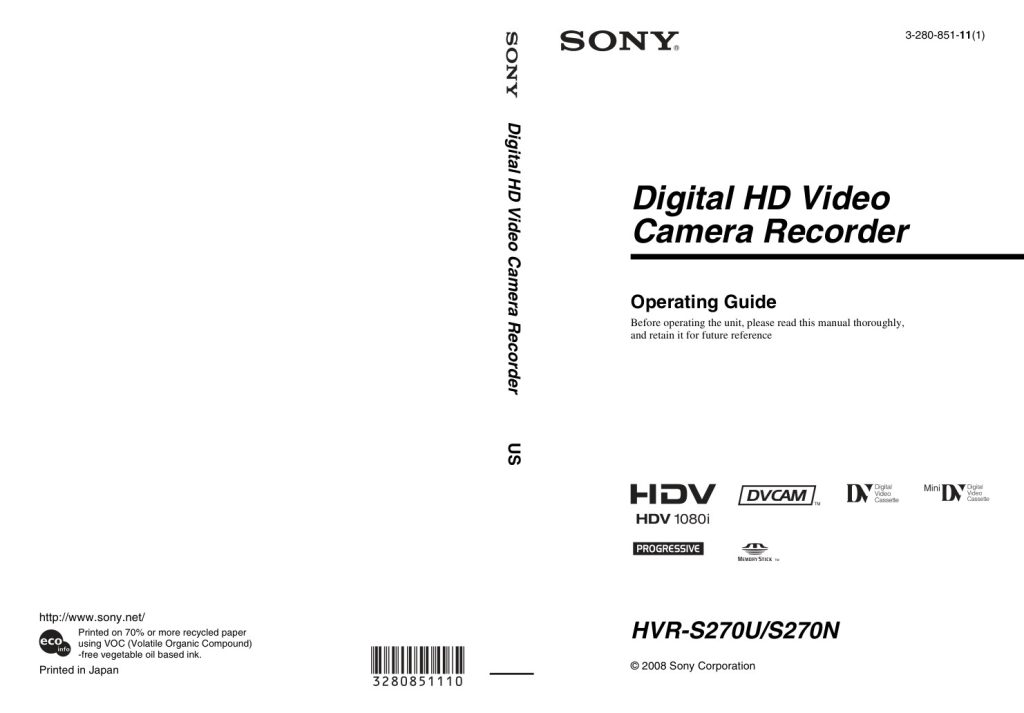Sony HVR-S270N HDV Owner Manual EN (Instant Download)