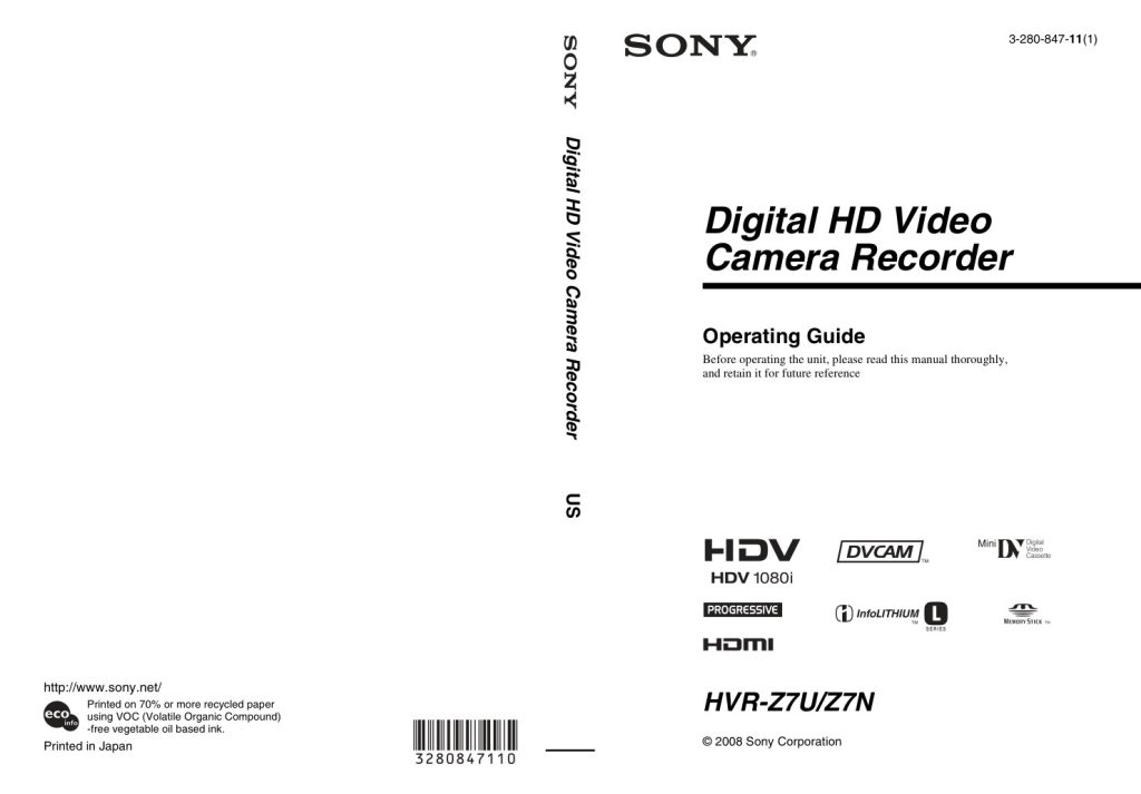 Sony HVR-Z7N HDV Owner Manual EN (Instant Download)