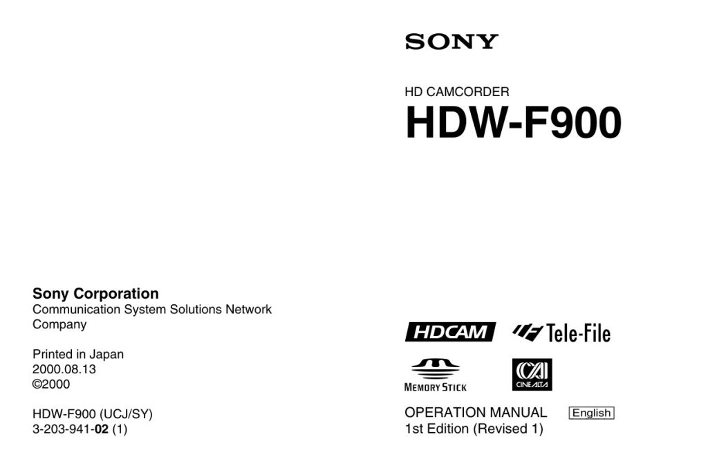Sony HDW-F900 HDCAM / XDCAM Owner Manual EN (Instant Download)