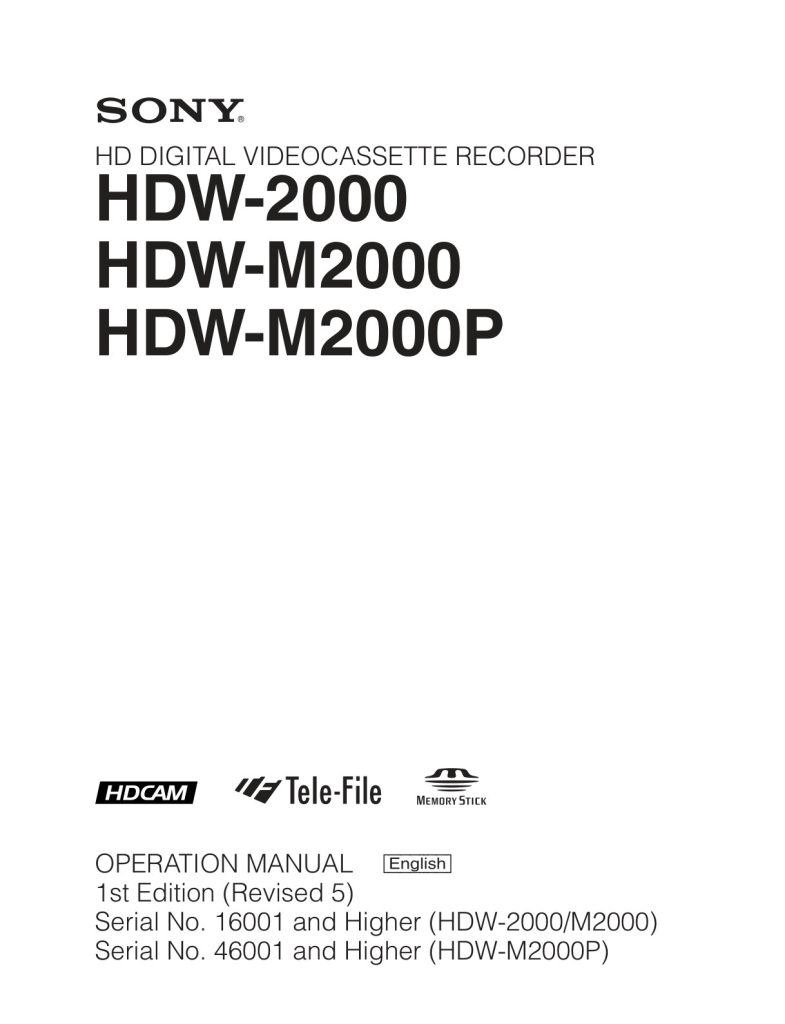 Sony HDW-M2000P HDCAM / XDCAM Owner Manual EN (Instant Download)