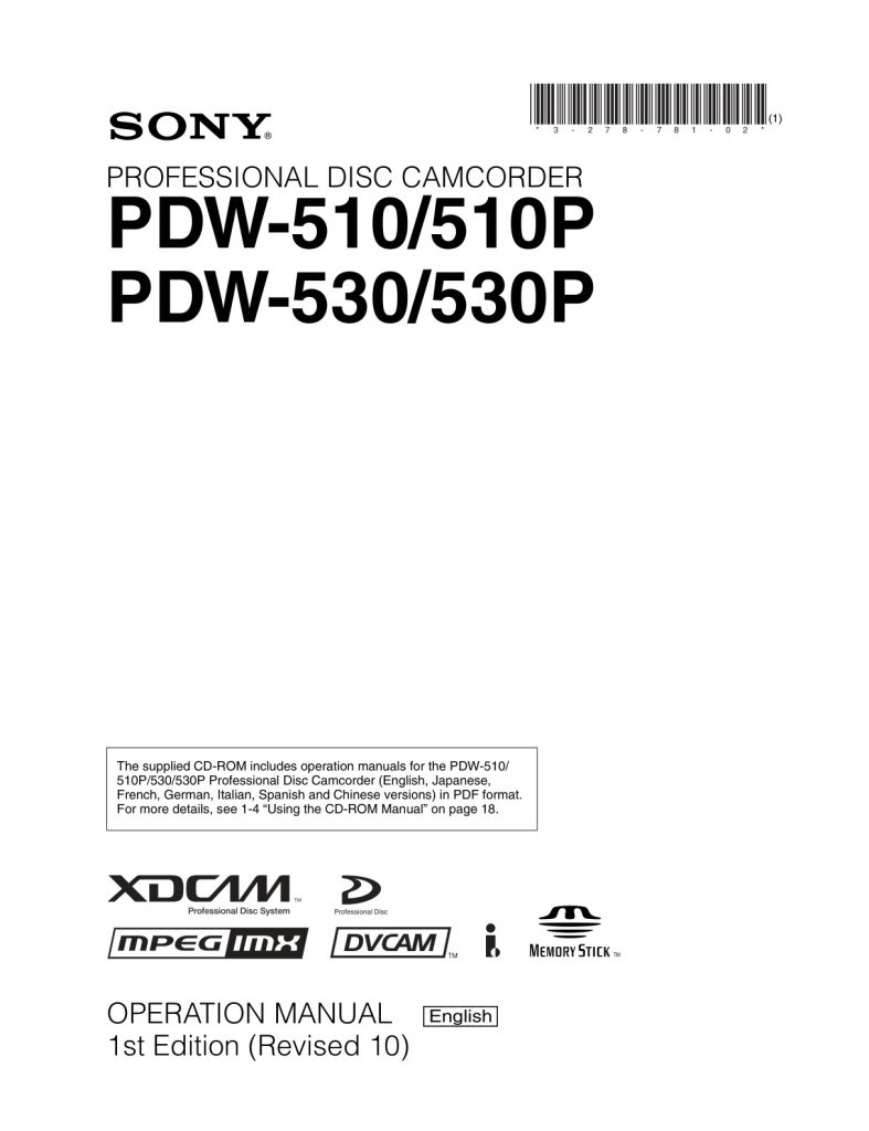 Sony PDW-510 HDCAM / XDCAM Owner Manual EN (Instant Download)