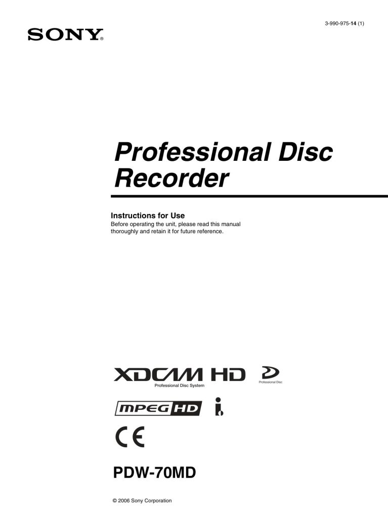 Sony PDW-70MD HDCAM / XDCAM Owner Manual EN (Instant Download)