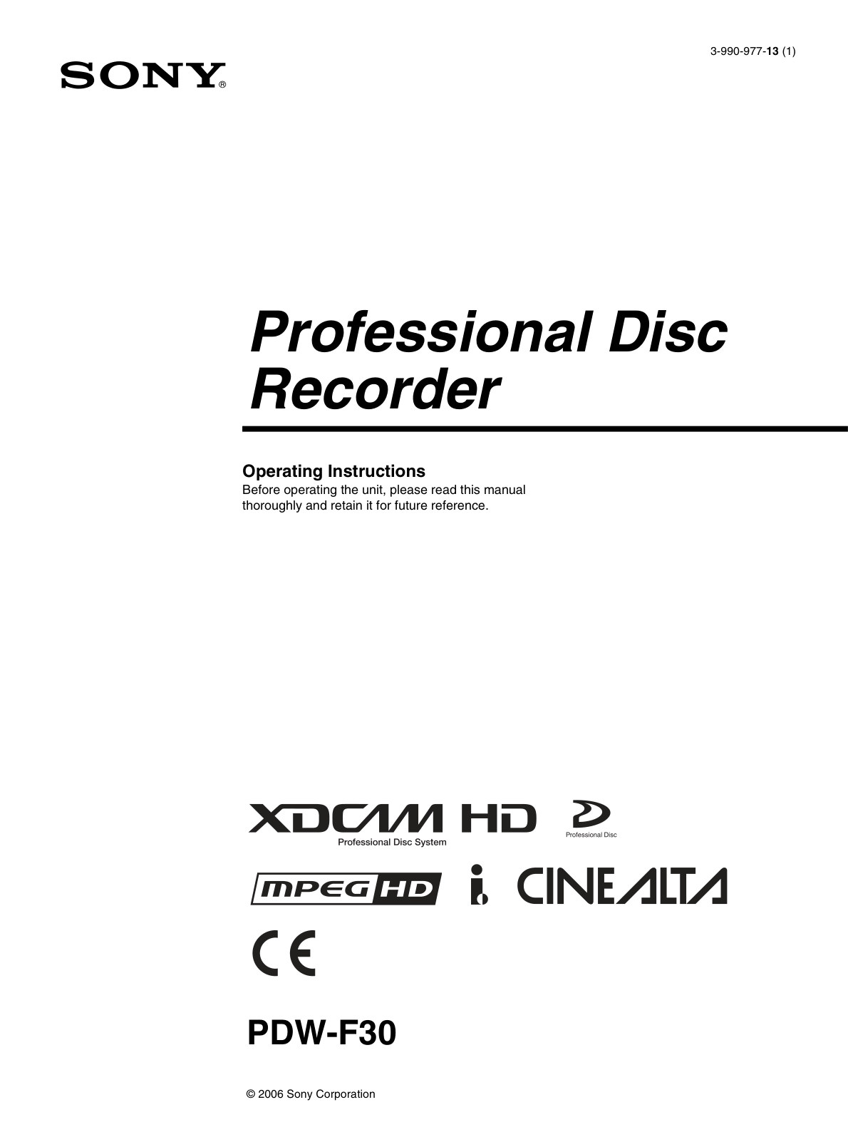Sony PDW-F30 HDCAM / XDCAM Owner Manual EN (Instant Download)