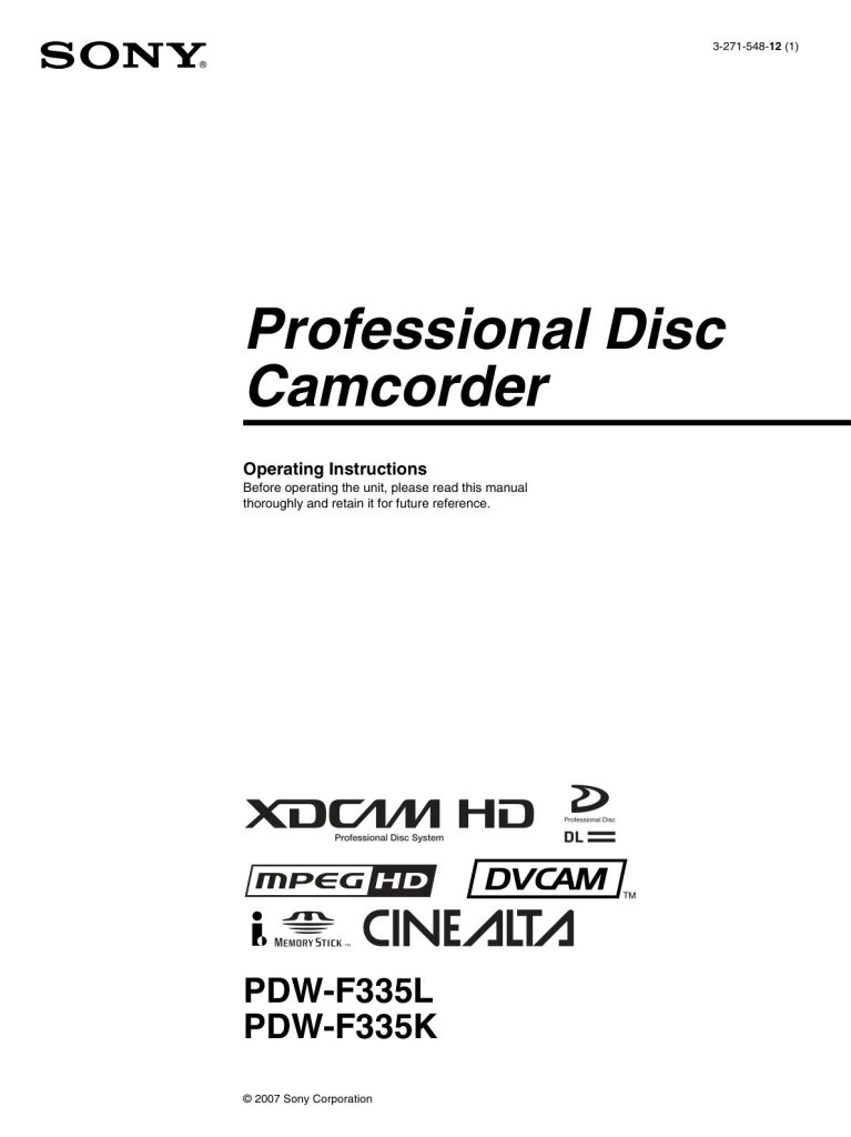 Sony PDW-F335K HDCAM / XDCAM Owner Manual EN (Instant Download)