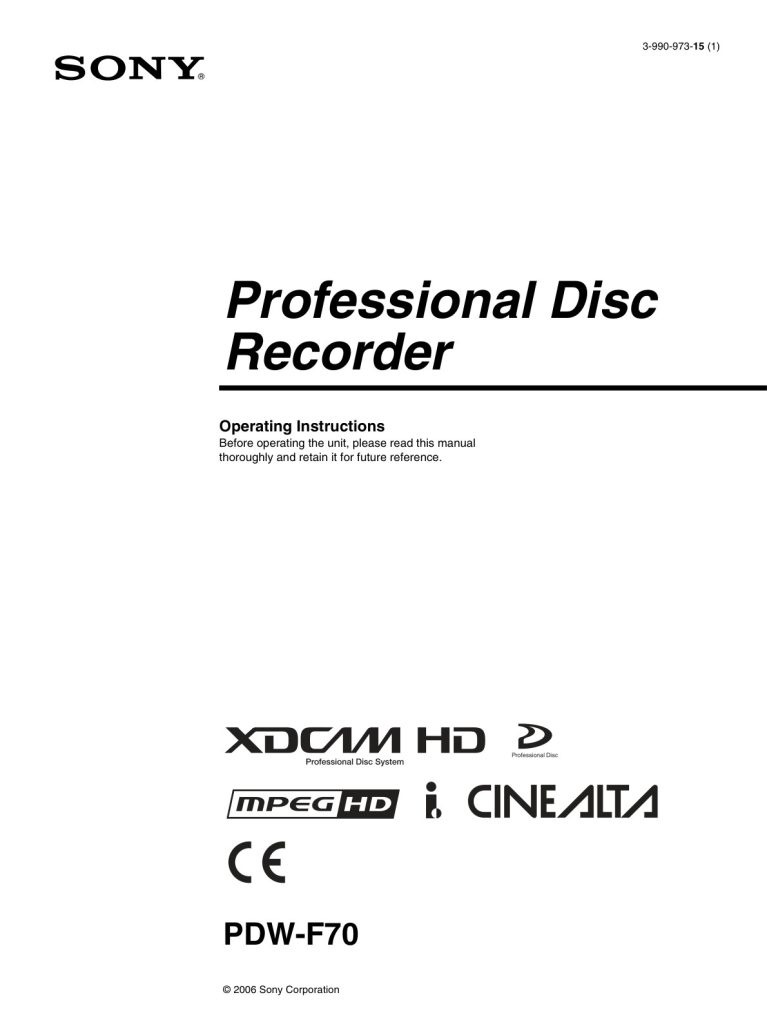 Sony PDW-F70 HDCAM / XDCAM Owner Manual EN (Instant Download)
