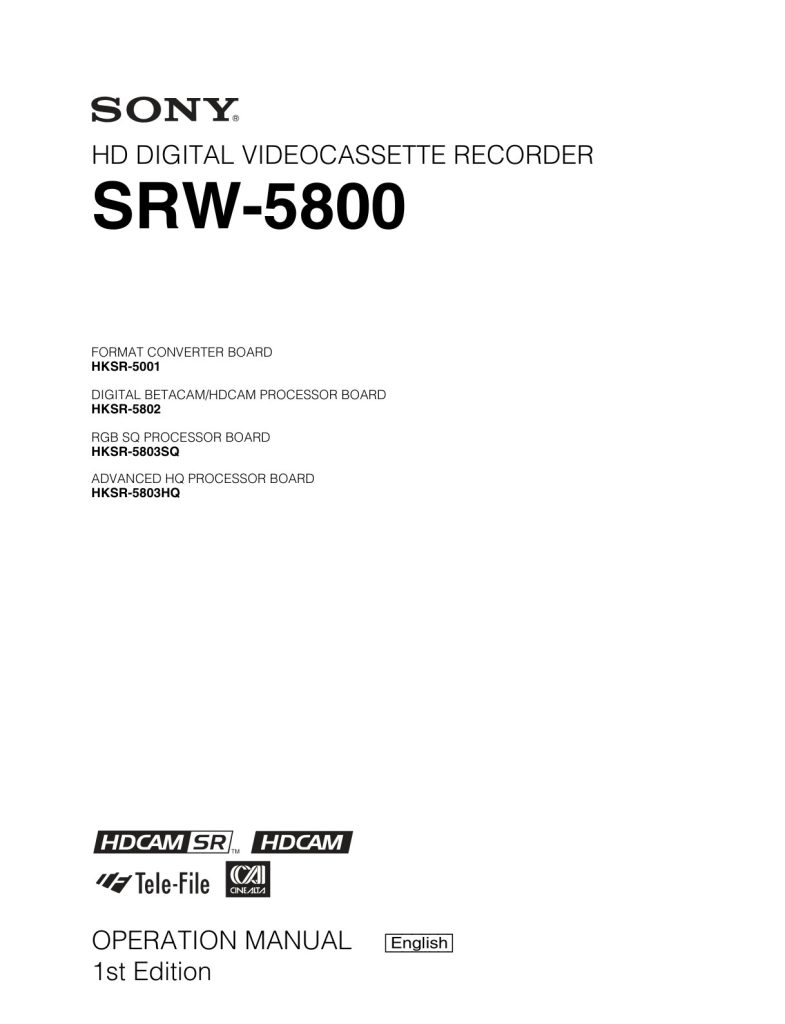 Sony SRW-5800 HDCAM / XDCAM Owner Manual EN (Instant Download)