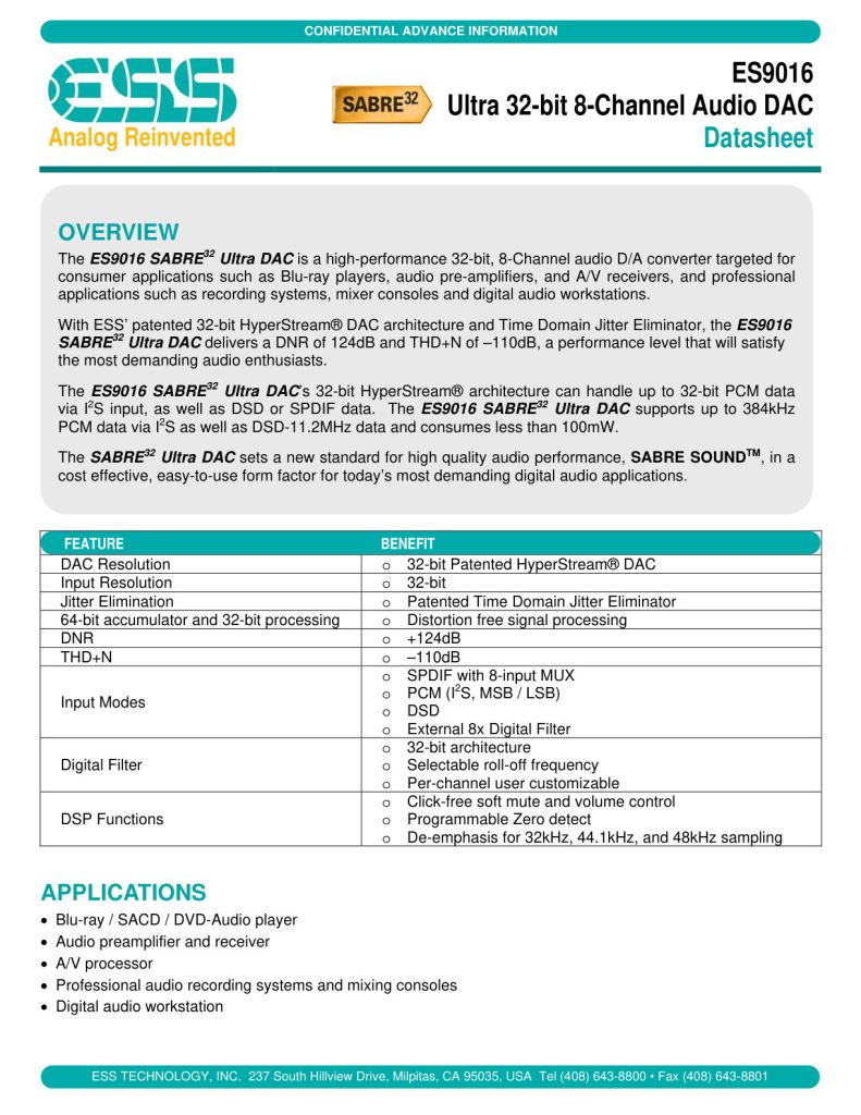 ES9016 Datasheet (Instant Download)