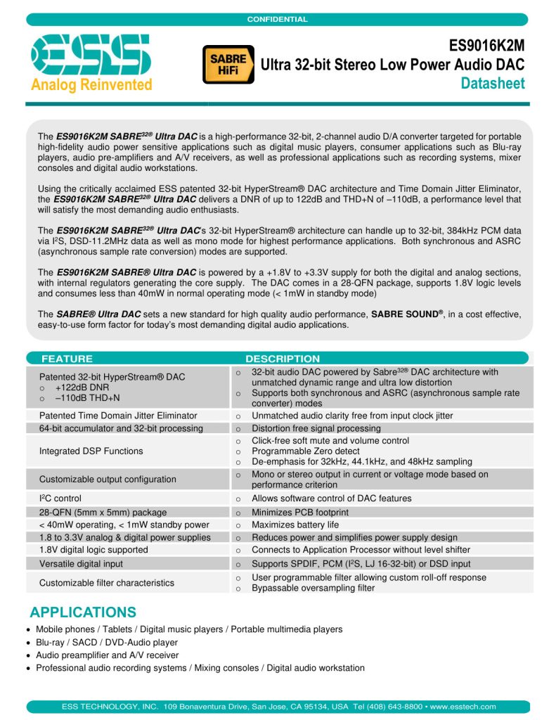 ES9016K2M Datasheet (Instant Download)