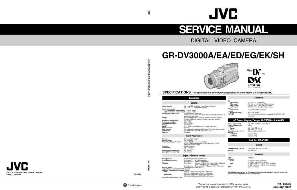 JVC GR-DV3000 MiniDV Service Manual EN (Instant Download)