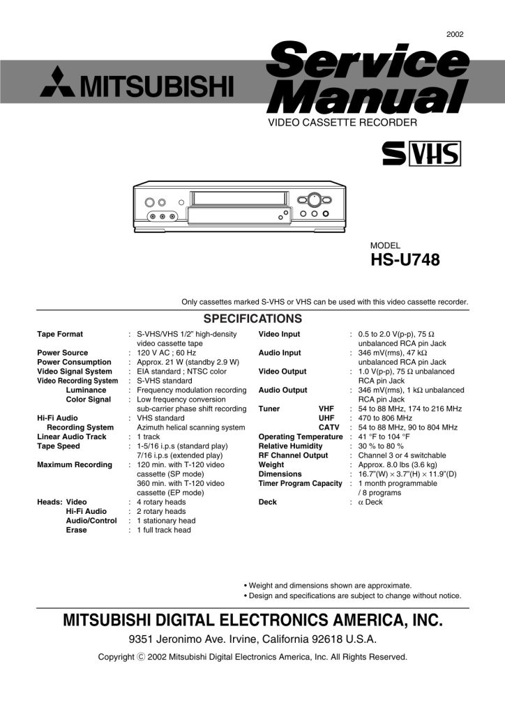 Mitsubishi HS-U748 S-VHS Service Manual EN (Instant Download)