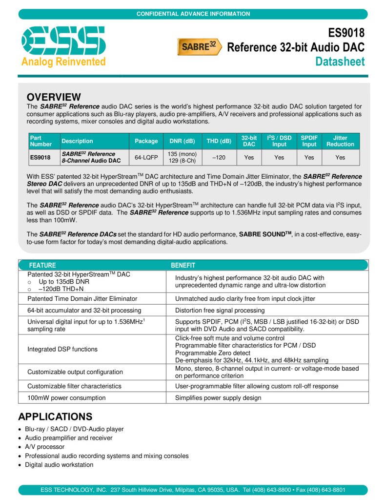 ES9018 Datasheet (Instant Download)
