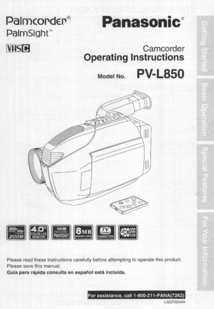 Panasonic PV-L850 Video8 / Hi8 Owner Manual EN (Instant Download)