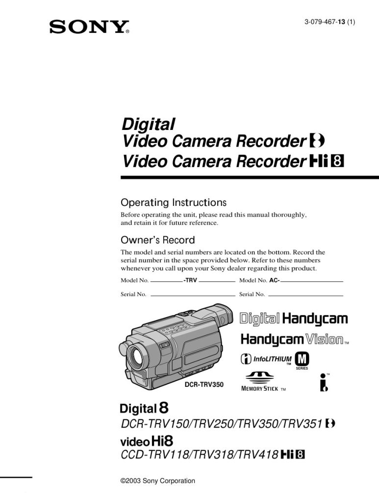 Sony CCD-TRV118 Video8 / Hi8 Owner Manual EN (Instant Download)